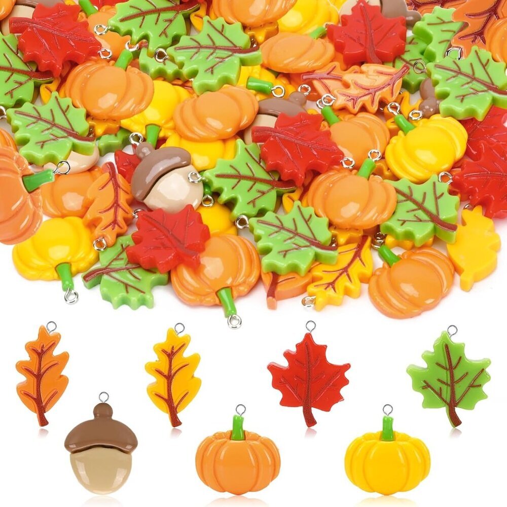 64 Pcs Fall Resin Charm, Autumn Maple Leaf Pumpkin Acorn Pendant Thanksgiving Cr